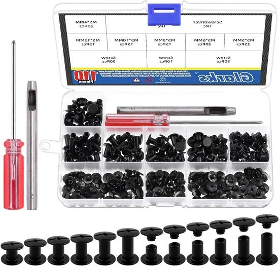 110 set di Chicago viti in pelle con chiodi a molla, piastra e chiave a croce con kit M5 x 4/5/6/8/10/12mm