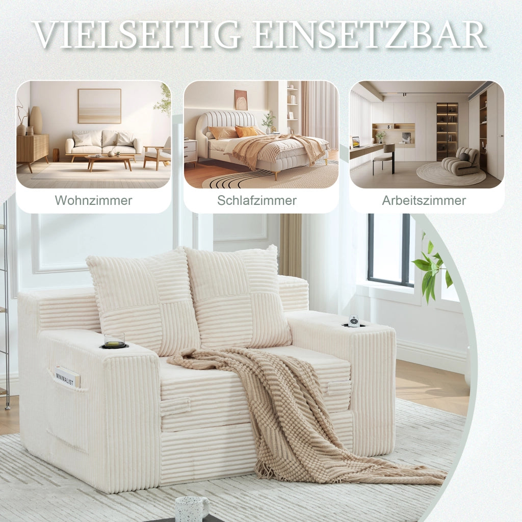 Divano pouf in velluto a coste beige con due cuscini tasche laterali seduta imbottita e braccioli di supporto
