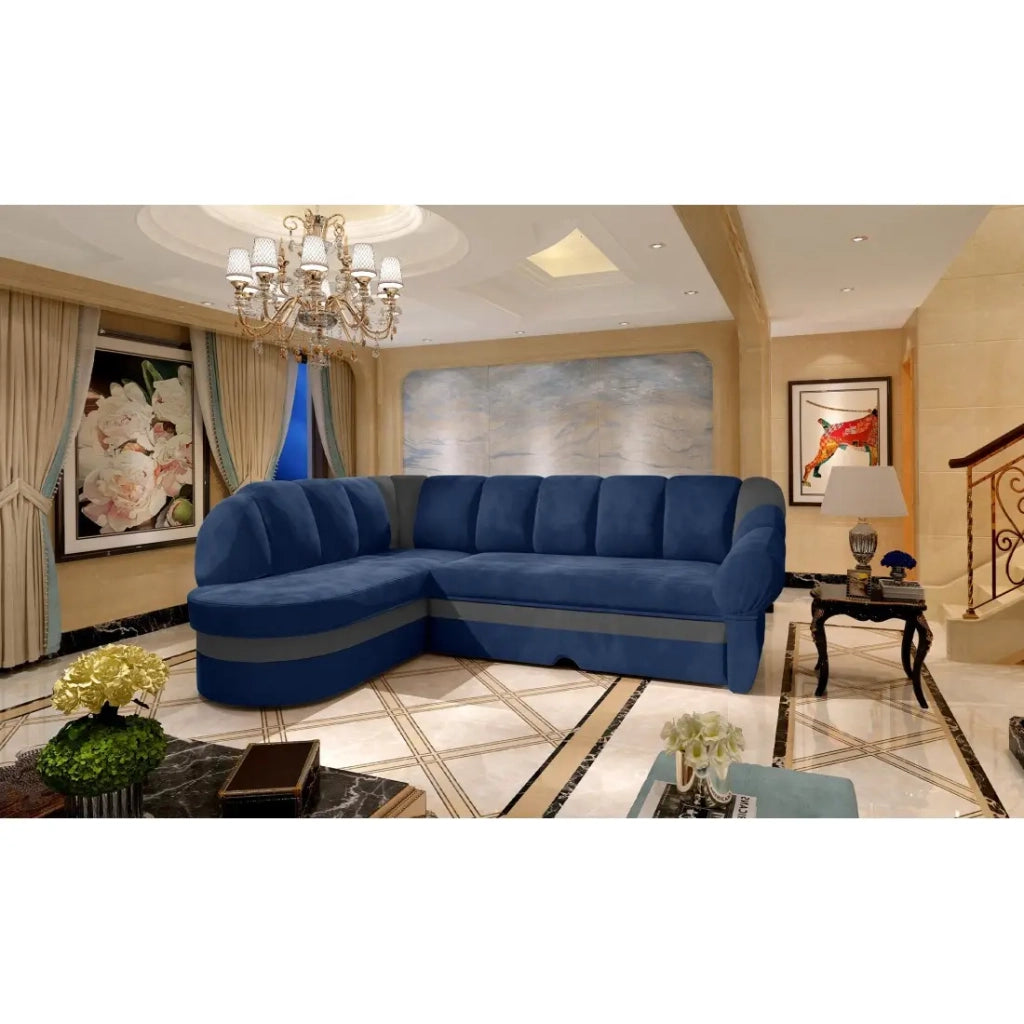 Divano angolare sinistro convertibile BENANA 250 cm blu scuro e grigio con contenitore