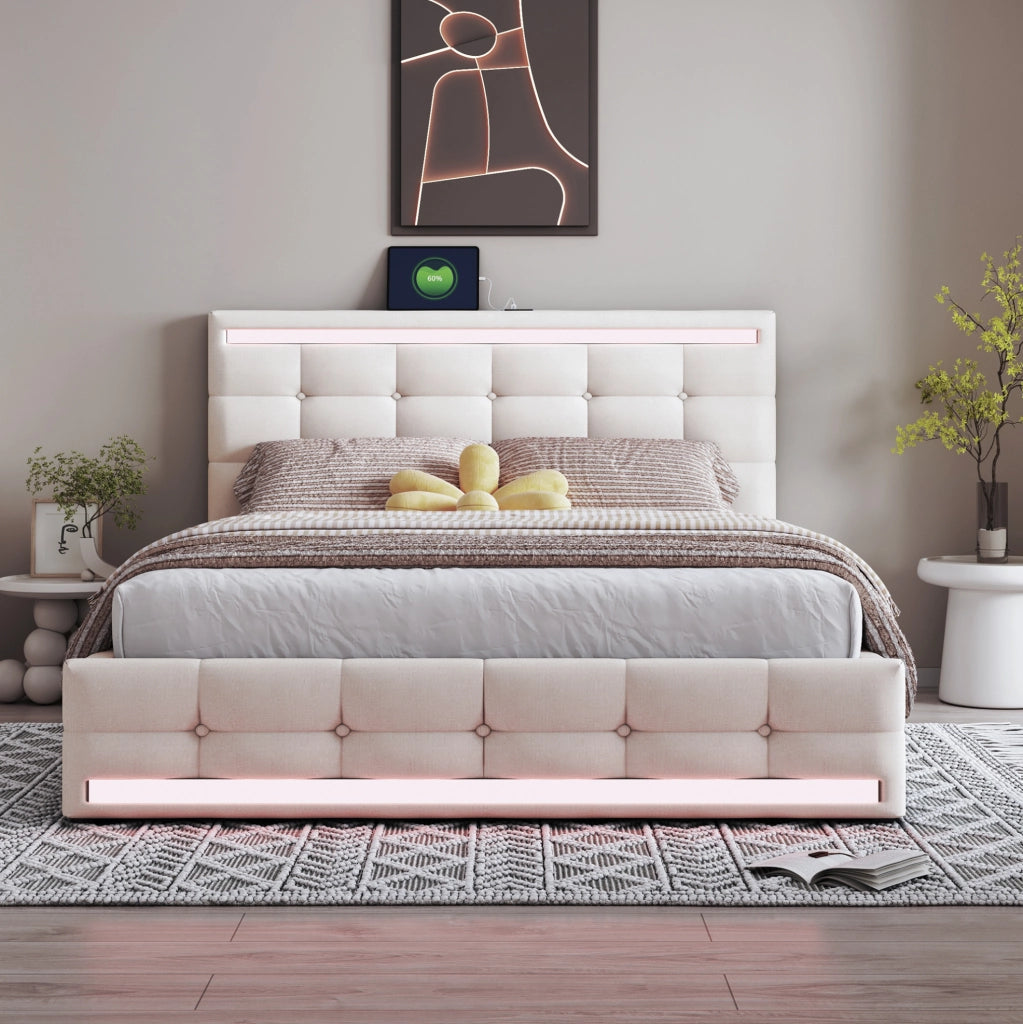 Letto matrimoniale 140x200 cm imbottito con LED, 2 porte USB e contenitore beige