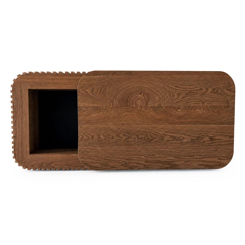 Tavolino basso con contenitore nascosto e coperchio removibile in legno e MDF colore noce