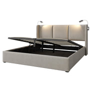 Letto Contenitore 180 x 200 cm - Lampada da Lettura; 2 USB e Testiera in Lino - Beige