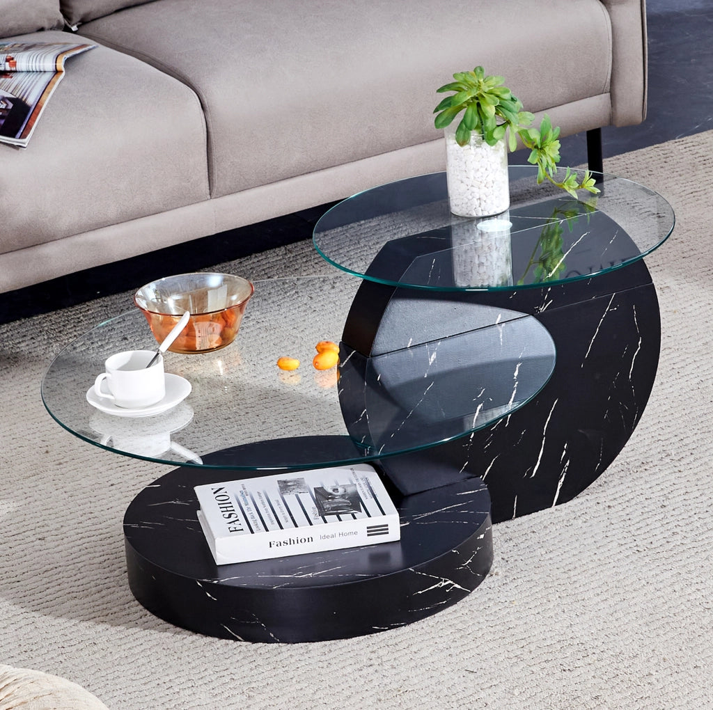 Tavolino da caffè moderno in MDF e vetro temperato; 78;5×78;5×24;5 cm; nero e trasparente