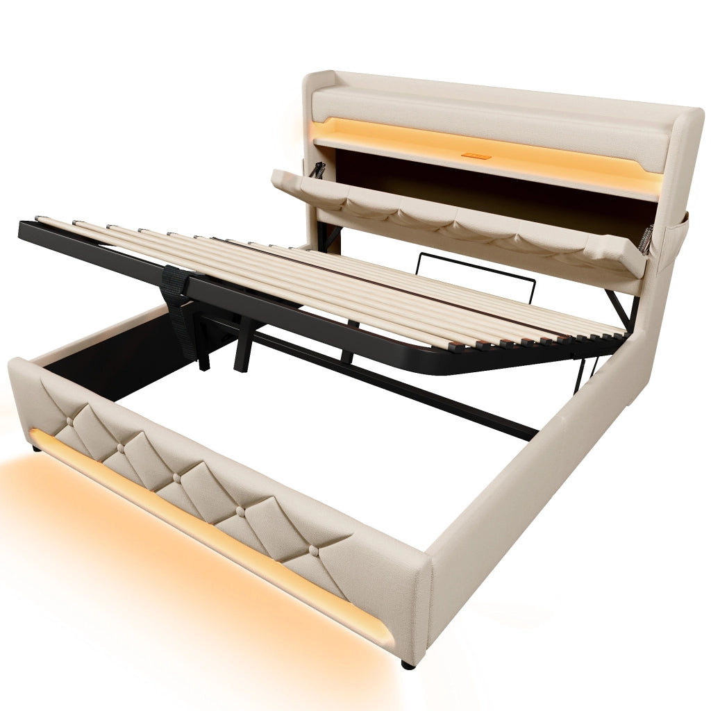 Letto matrimoniale 140x200 in lino beige con contenitore idraulico, LED 360°, testiera con USB e Type-C, materasso incluso