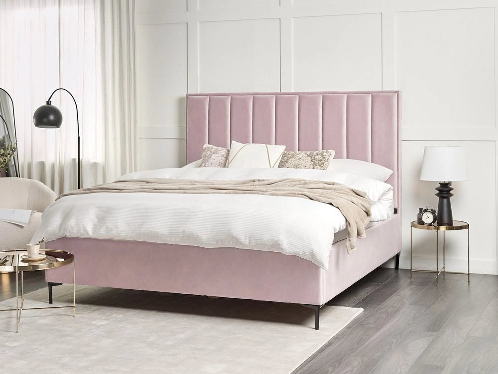 Letto in velluto rosa 180 x 200 cm con testiera imbottita ottomana con gambe in metallo Nero