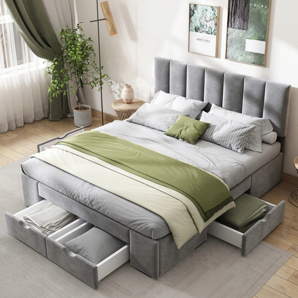 Letto 140x200cm - Xylo - Velluto, 4 cassetti, struttura, grigio