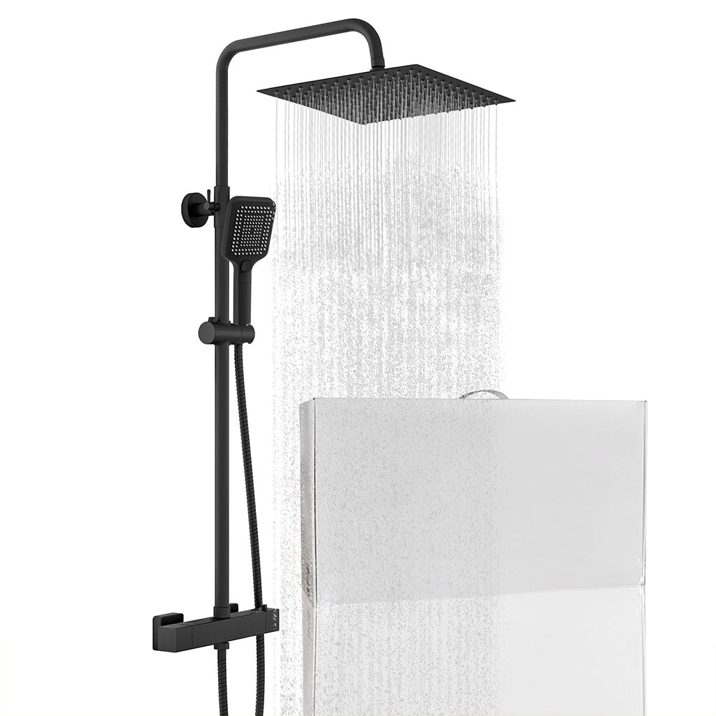 Colonna doccia rotonda completo di miscelatore termostatico rettangolo, soffione quadrato 30x30cm, nero