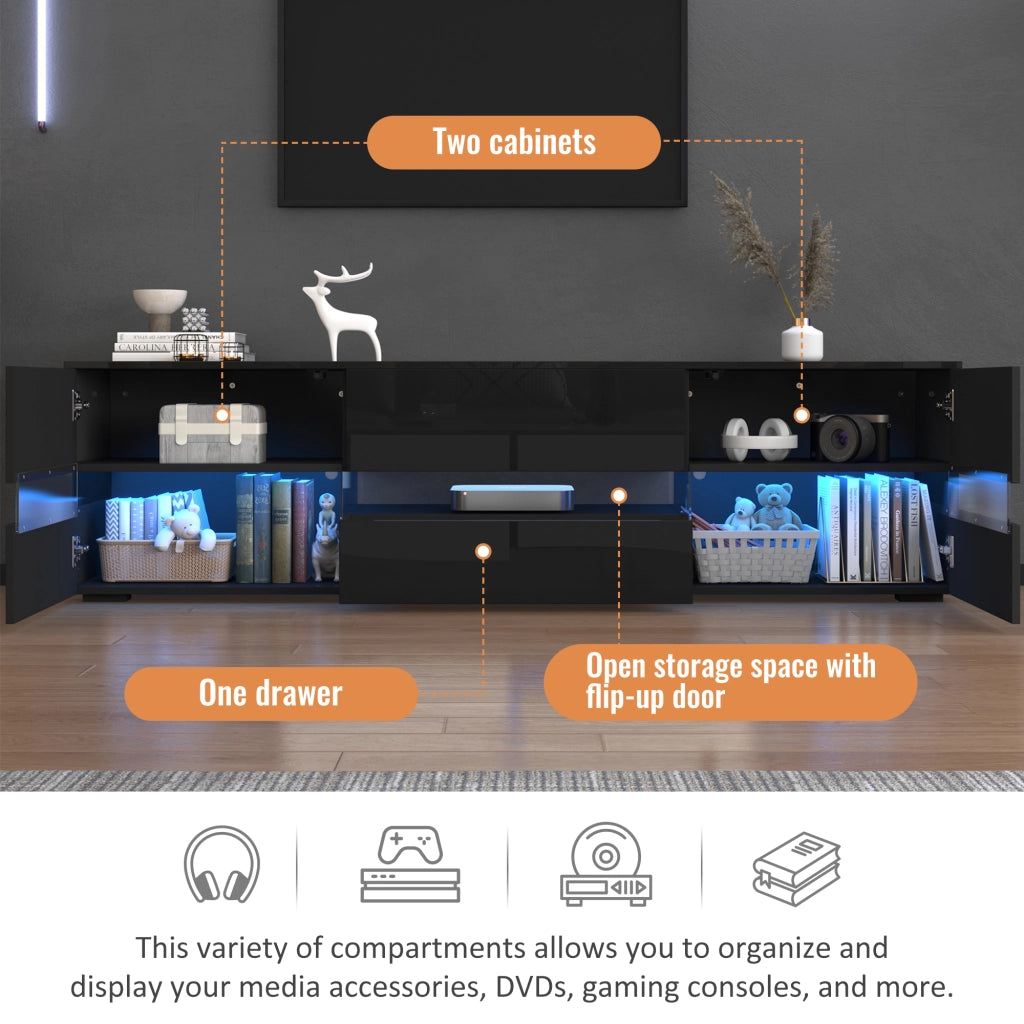Mobile porta TV con LED, 2 ante, 1 cassetto e vano aperto, per soggiorno, in truciolato nero 160 × 39 × 45 cm