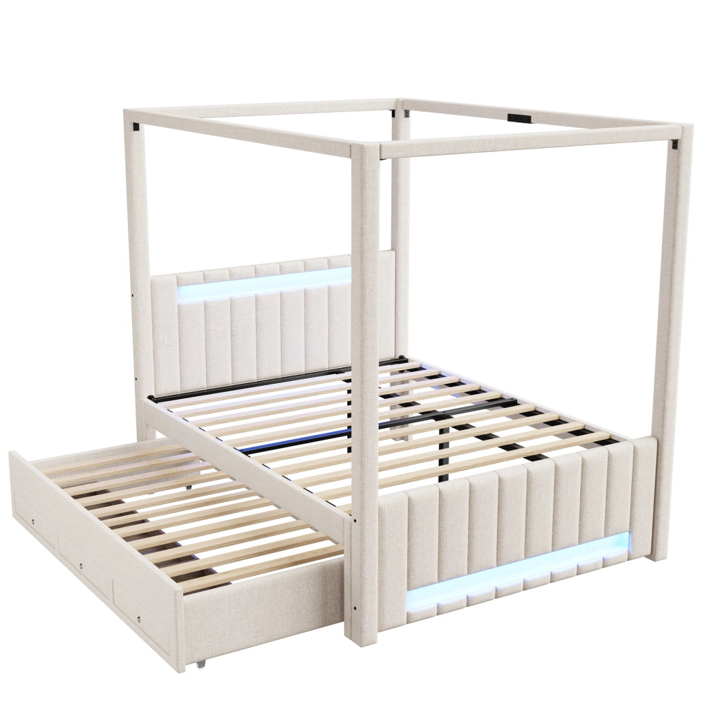 Letto a baldacchino imbottito 140x200 cm con letto estraibile, 3 cassetti, LED, beige