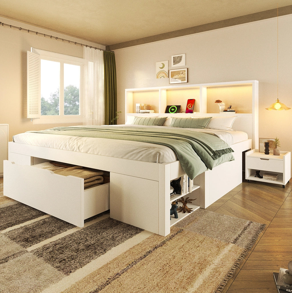 Letto matrimoniale 140x190 cm in legno bianco con LED; USB e 2 comodini mobili