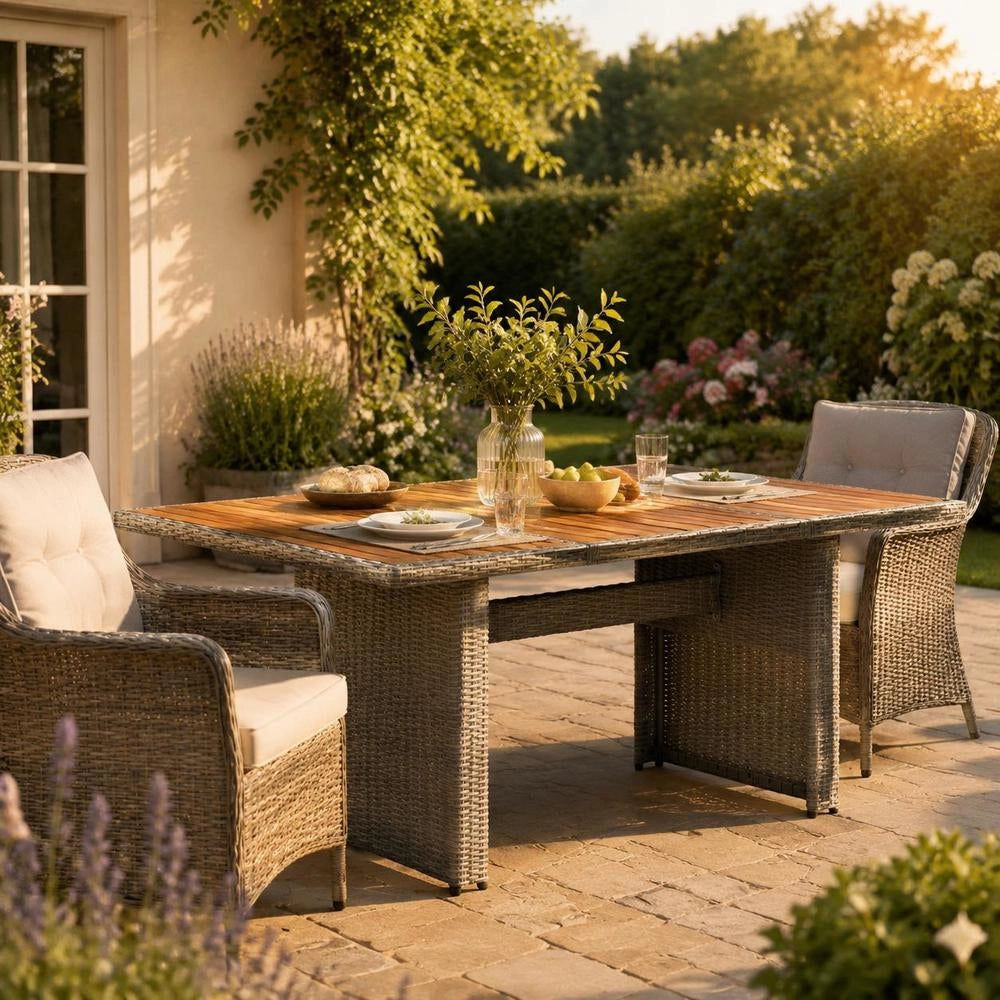 Garden Table Light Grey Poly Rattan And Acacia Solid Wood