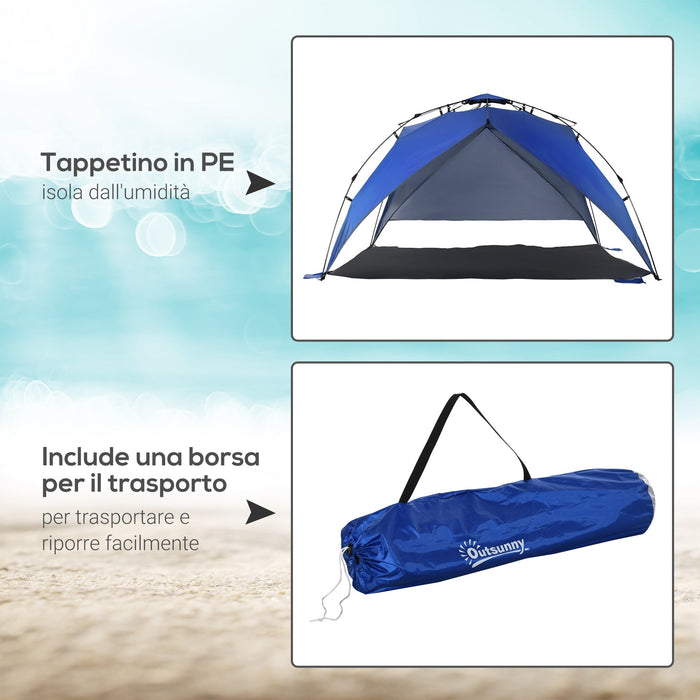 Tenda da Spiaggia Pop Up con Corde e Paletti in Poliestere Blu