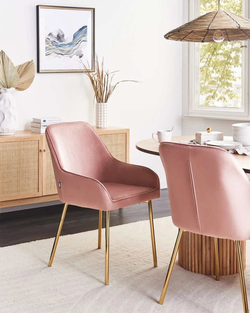 Set di 2 Sedie da Pranzo con Rivestimento in Velluto rosa gambe dorate glamour retrò