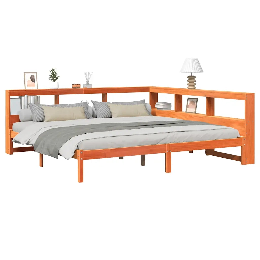 Letto Libreria senza Materasso-Struttura Letto con contenitore Marrone Cera 200x200 cm in Pino 544691