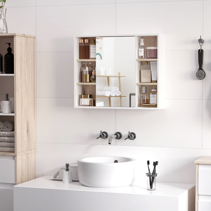 Specchio Armadietto da Bagno Pensile 60x14,5x49,4 cm in MDF e Truciolato Bianco e Legno Naturale