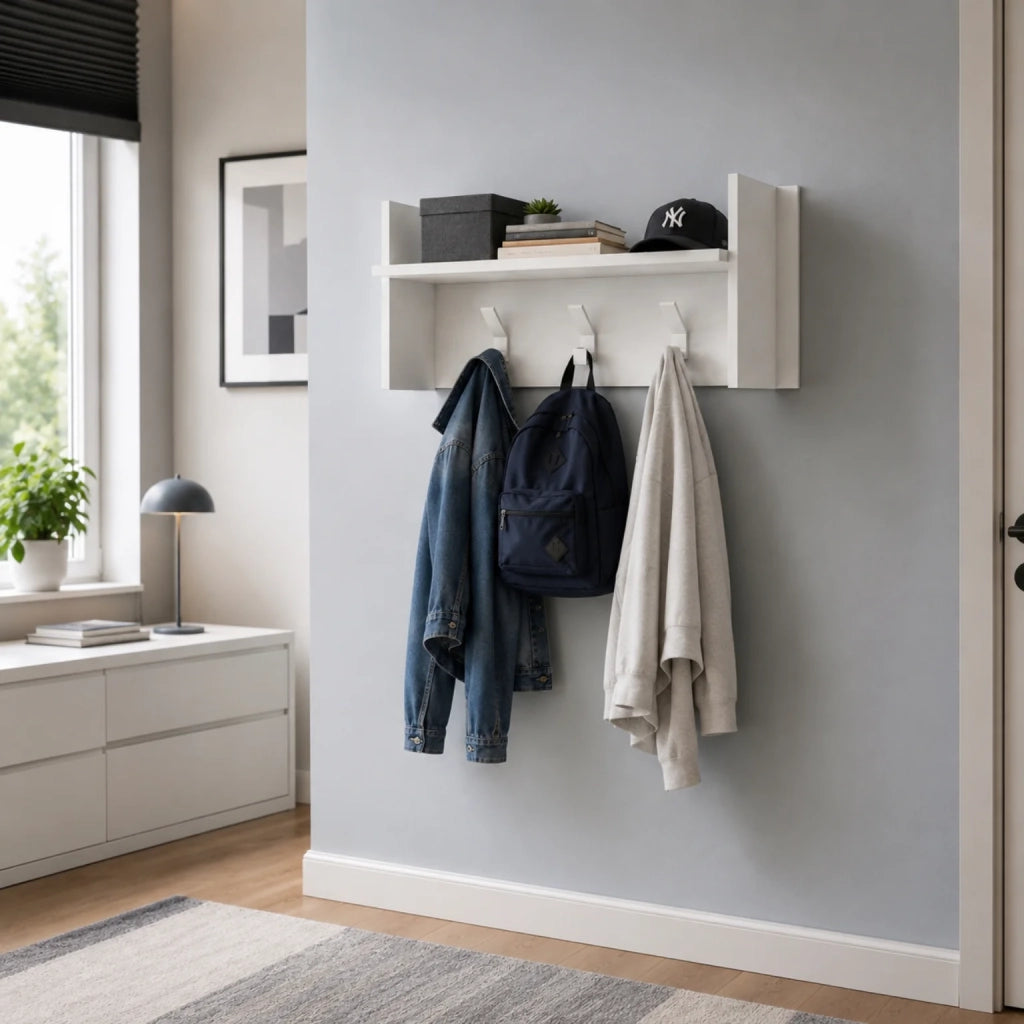 Appendiabiti da Parete Bianco con Mensola e 3 Ganci | Attaccapanni Ingresso Salvaspazio Moderno con Ripiano Portaoggetti | Organizer da Muro 90x29x34 cm