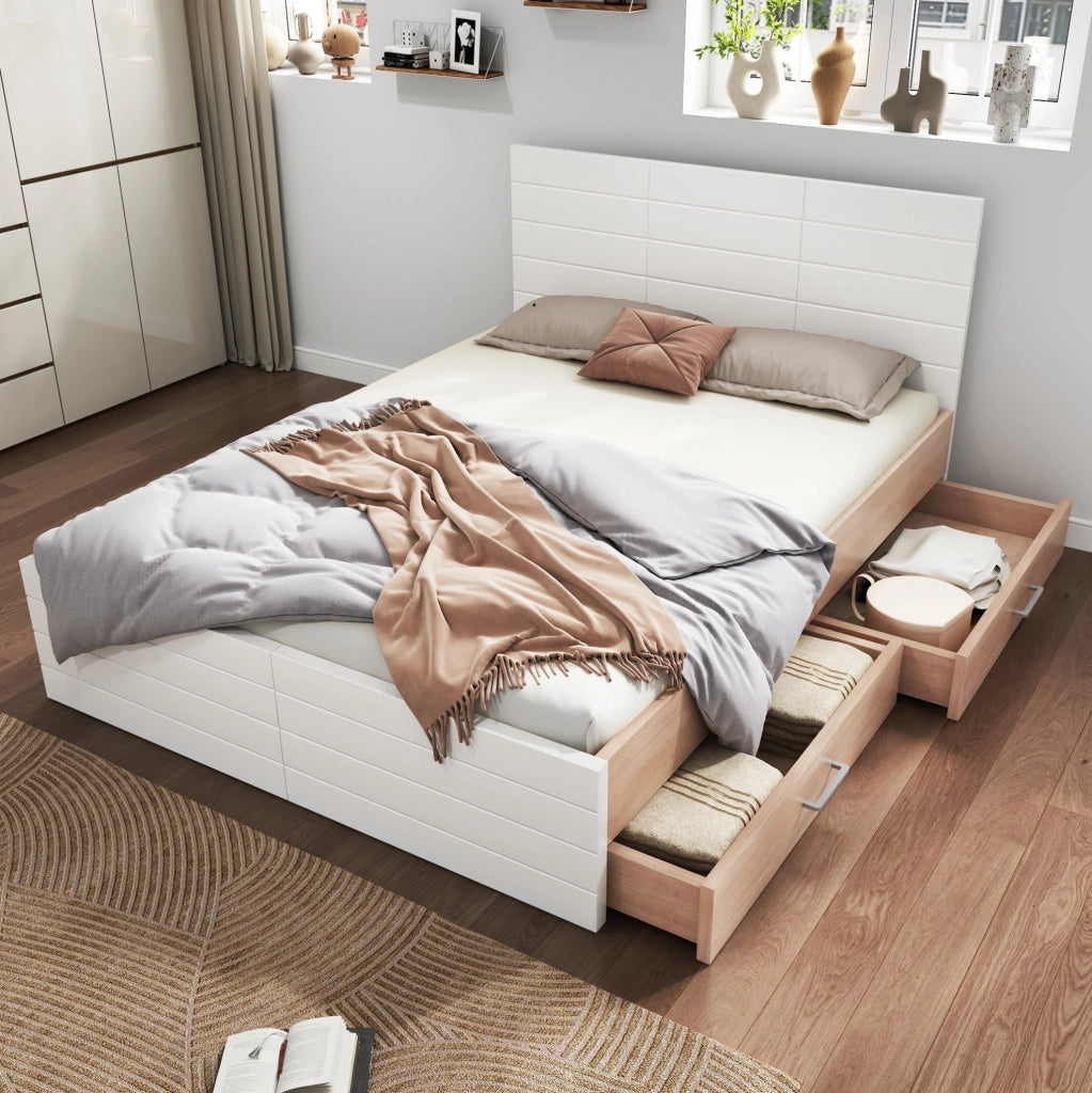 Letto matrimoniale 180x200 cm con 2 cassetti; rete a doghe; legno e MDF; bianco e rovere chiaro