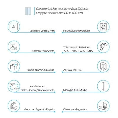 Box doccia 80x100 angolare doppio scorrevole con vetro temperato trasparente e profili cromo Geo