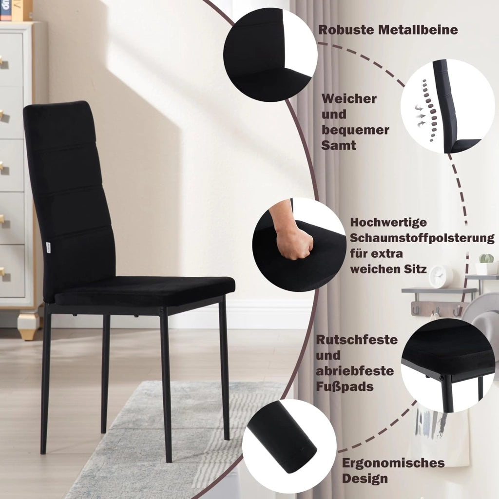 Sedie Sala da Pranzo Set di 4, Sedie da Cucina, Sedia da Pranzo con Schienale Alto, Senza Braccioli, per Soggiorno, Sala Reception, Sedie in Velluto con Gambe in Metallo, Nero, EZS47sz-4