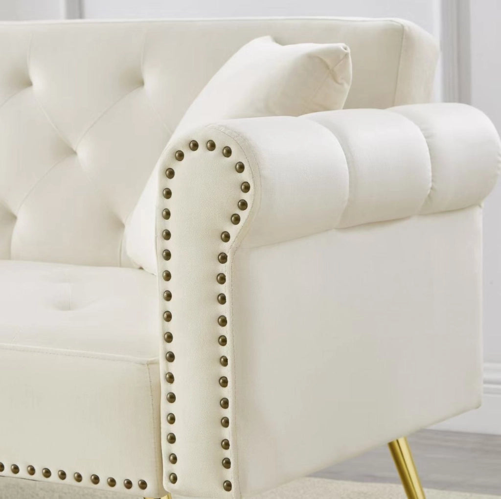 Divano letto 2 posti 147x85 cm con schienale regolabile; in velluto beige
