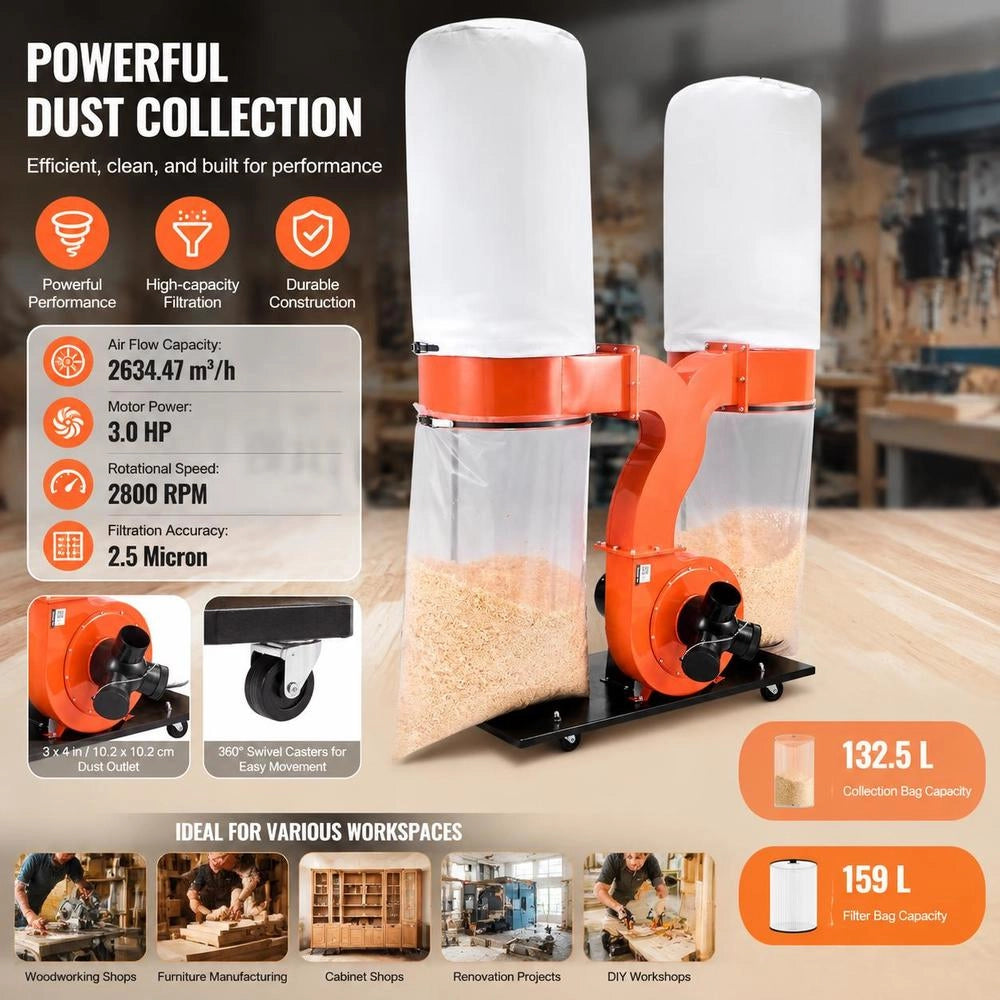 Extraction System, 2634.47 M³/h 2.5 Micron Chip Extraction System, 3.0 HP Sawdust Collection System With Two 132.5 L Dust Collection Bags And Two 159 L Filter Bags, 2800 Rpm, Non-woven Fabric