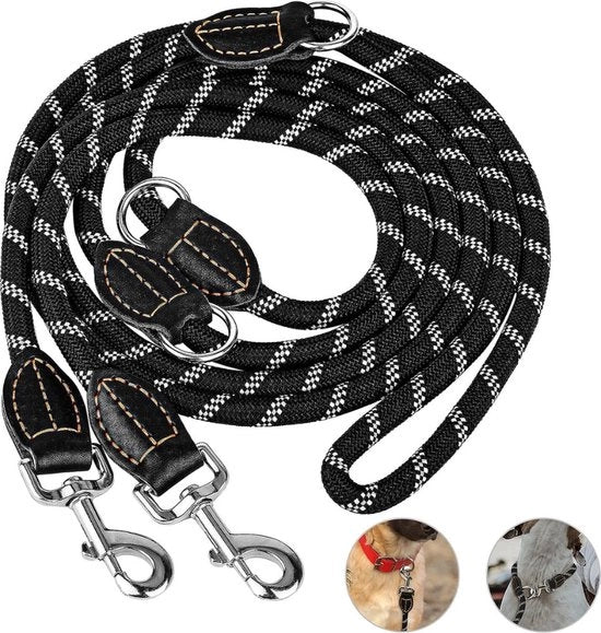 Cinturone per cani, doppia cinghia per cani grandi, cinturone per cani adattabile con rinforzo premium per cani di taglia media e grande, cinturone per collo, nylon, doppia cinghia con 2 ganci di arresto, 3 m 1 (lunghezza) x 14 mm, nero