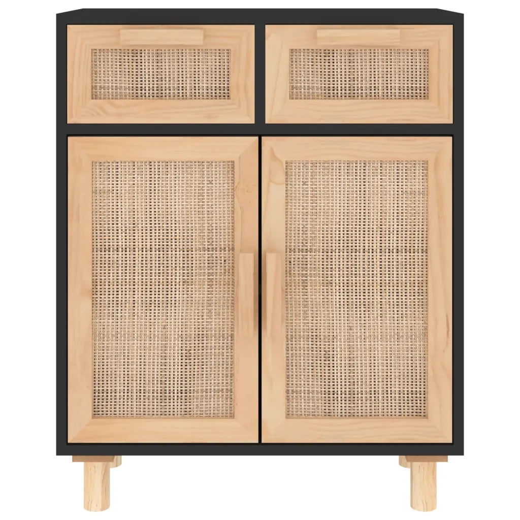 Credenza Nera 60x30x75 cm Legno Massello Pino e Rattan Naturale cod mxl 9960