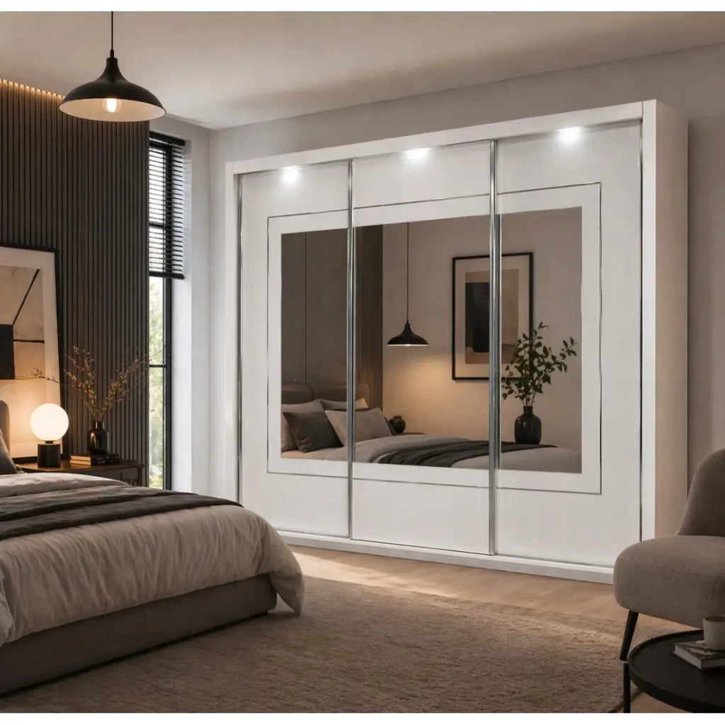 Armadio PANAREA 3 porte scorrevoli con specchi LED 208x213x67 bianco lucido