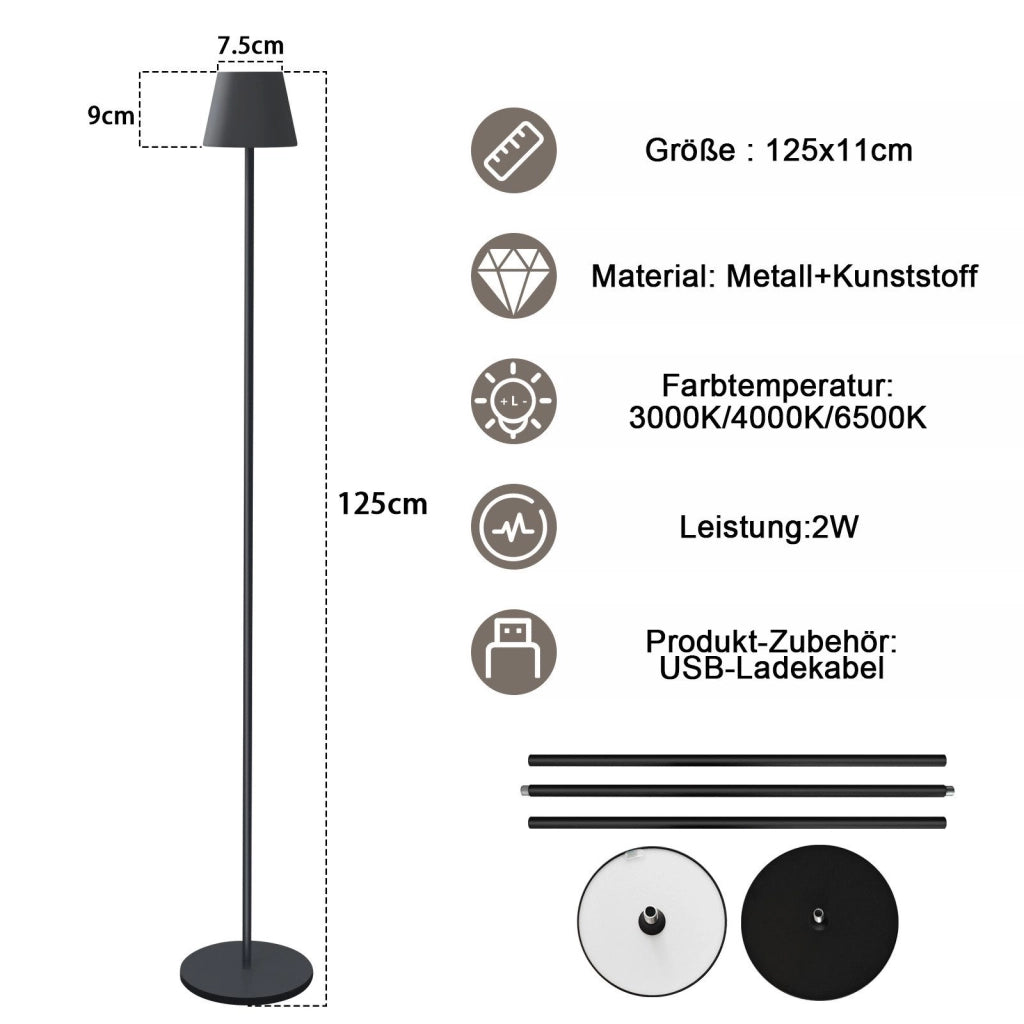ZMH Lampada da terra LED nera dimmerabile metallo moderna senza fili 125cm