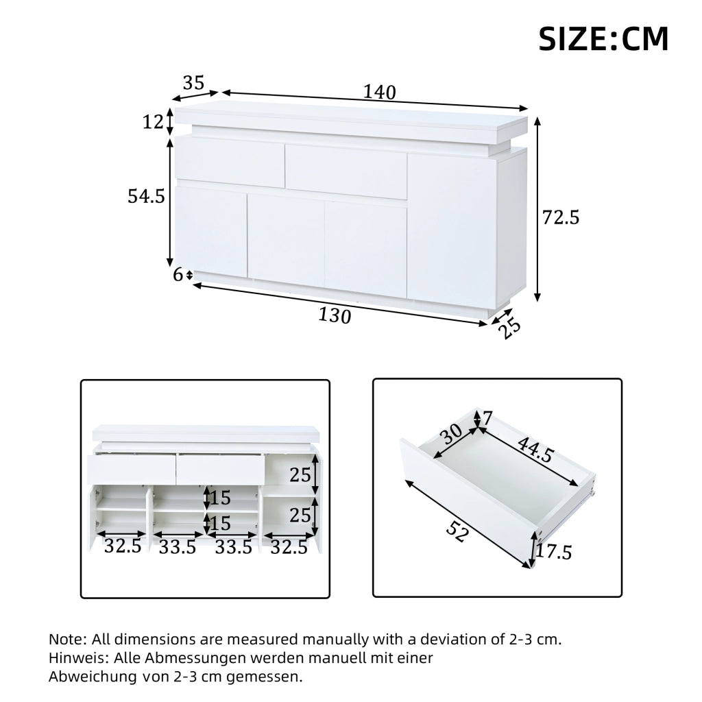 MADIA 140x35x72,5 cm Bianco lucido con 4 ante 2 cassetti e LED