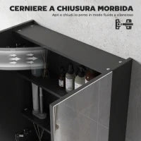 Armadietto Pensile Bagno 2 Ante con Specchiera e 2 Ripiani Interni in MDF, 60x15x75 cm, Nero