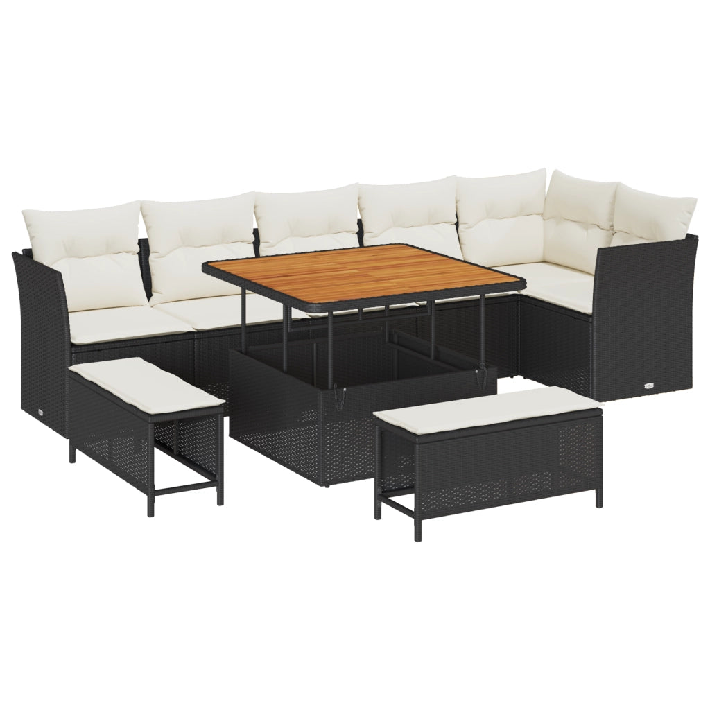 Set di divano da giardino 9 pezzi con cuscini in rattan nero e legno di acacia
