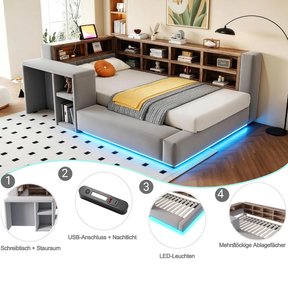 Letto imbottito contenitore ¨C Minimal ¨C grigio scuro con LED velluto 90x200 cm