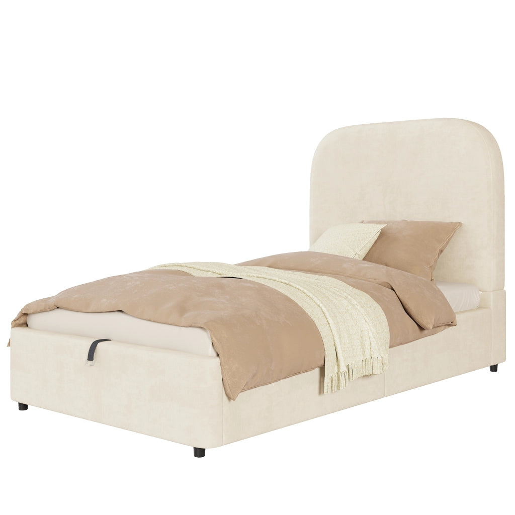 Letto singolo imbottito per bambini 90x200 cm con contenitore idraulico, rete a doghe inclusa, velluto beige