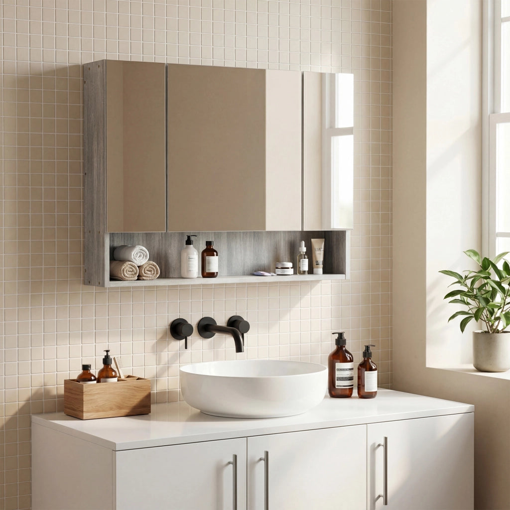 Armadietto a Specchio 4 Ante ¨C Xylo ¨C Legno Grigio con Ripiani Regolabili 90x15x75 cm