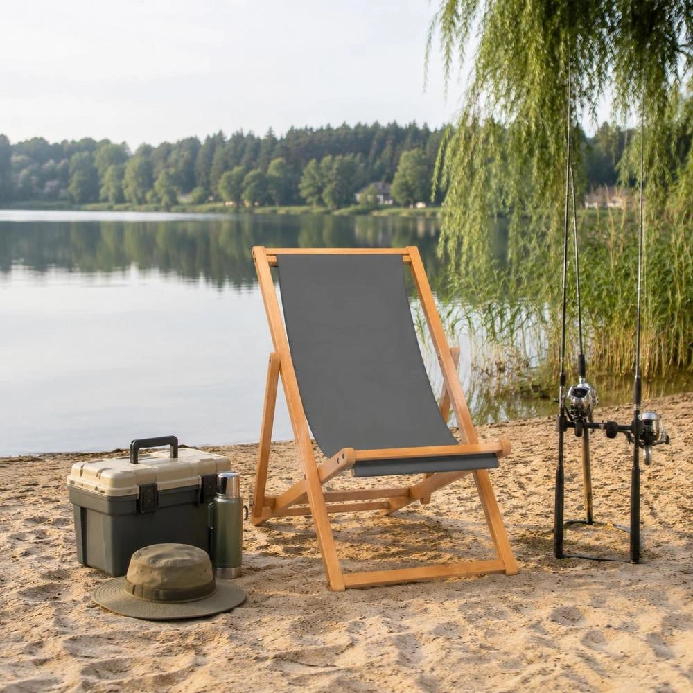 Folding Beach Chair, Solid Teak Wood, Grey