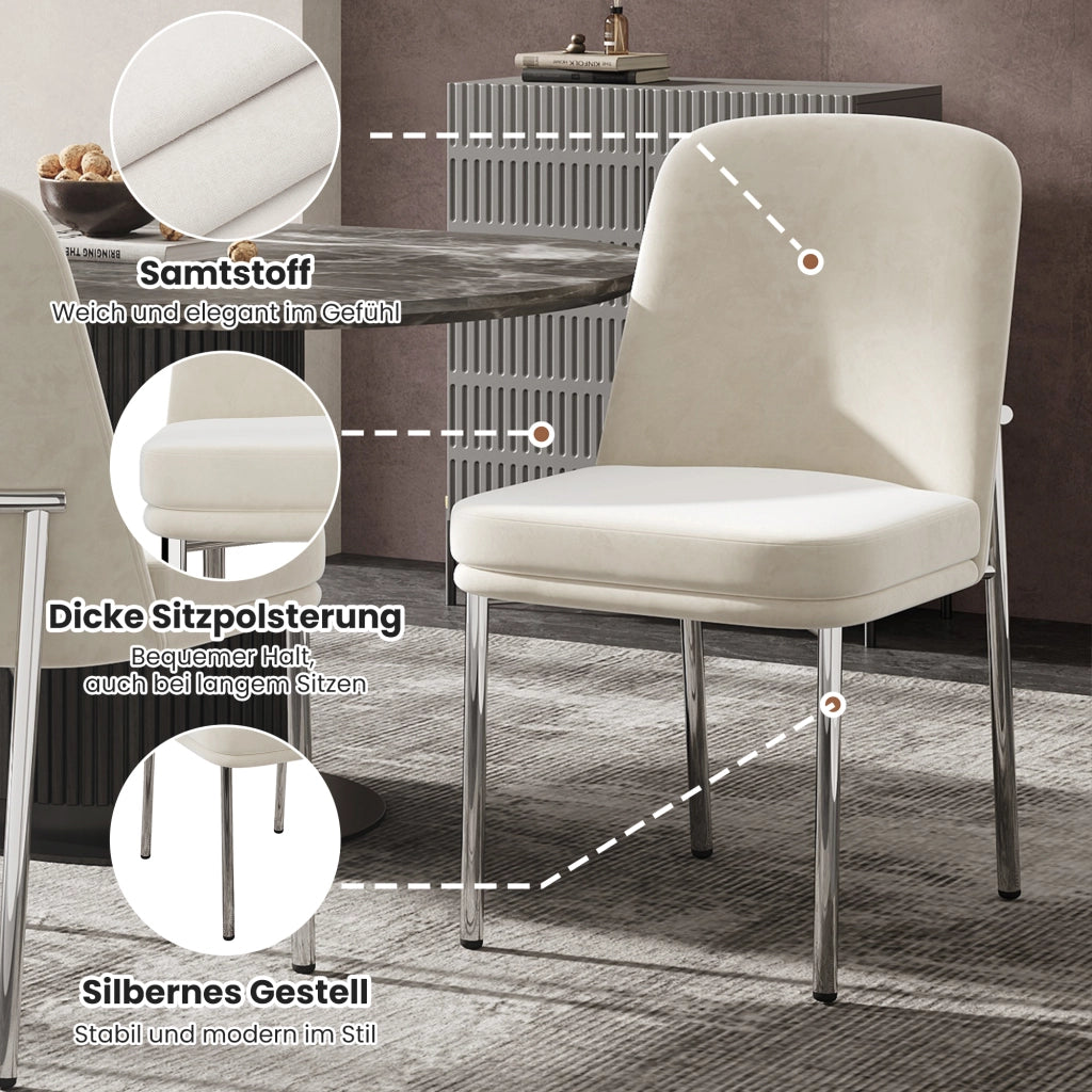 Sedia da sala da pranzo 2 pezzi con cuscino di seduta spesso e struttura in metallo, Velluto Beige