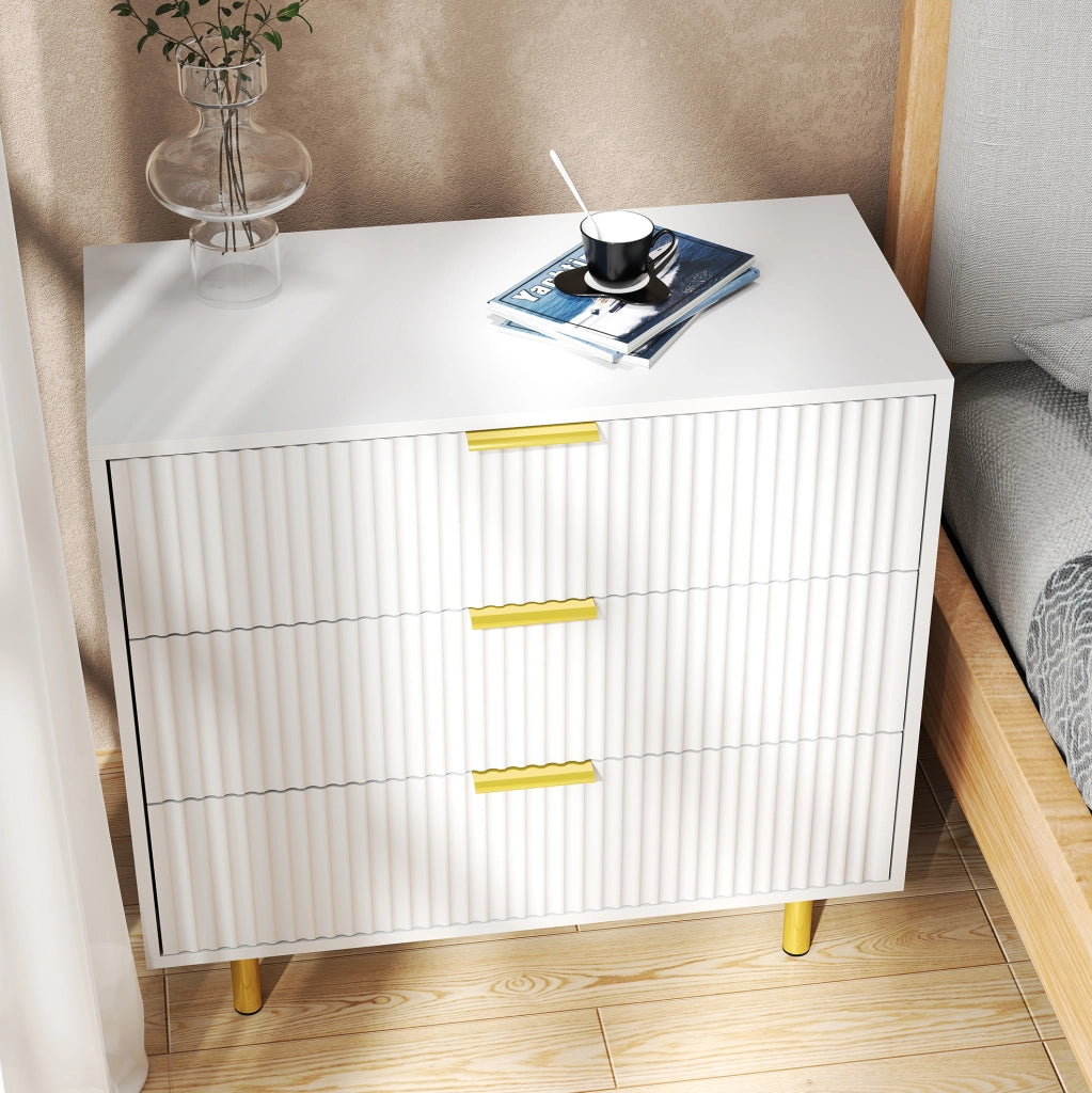 Cassettiera in MDF bianca con 3 cassetti e gambe in metallo dorato