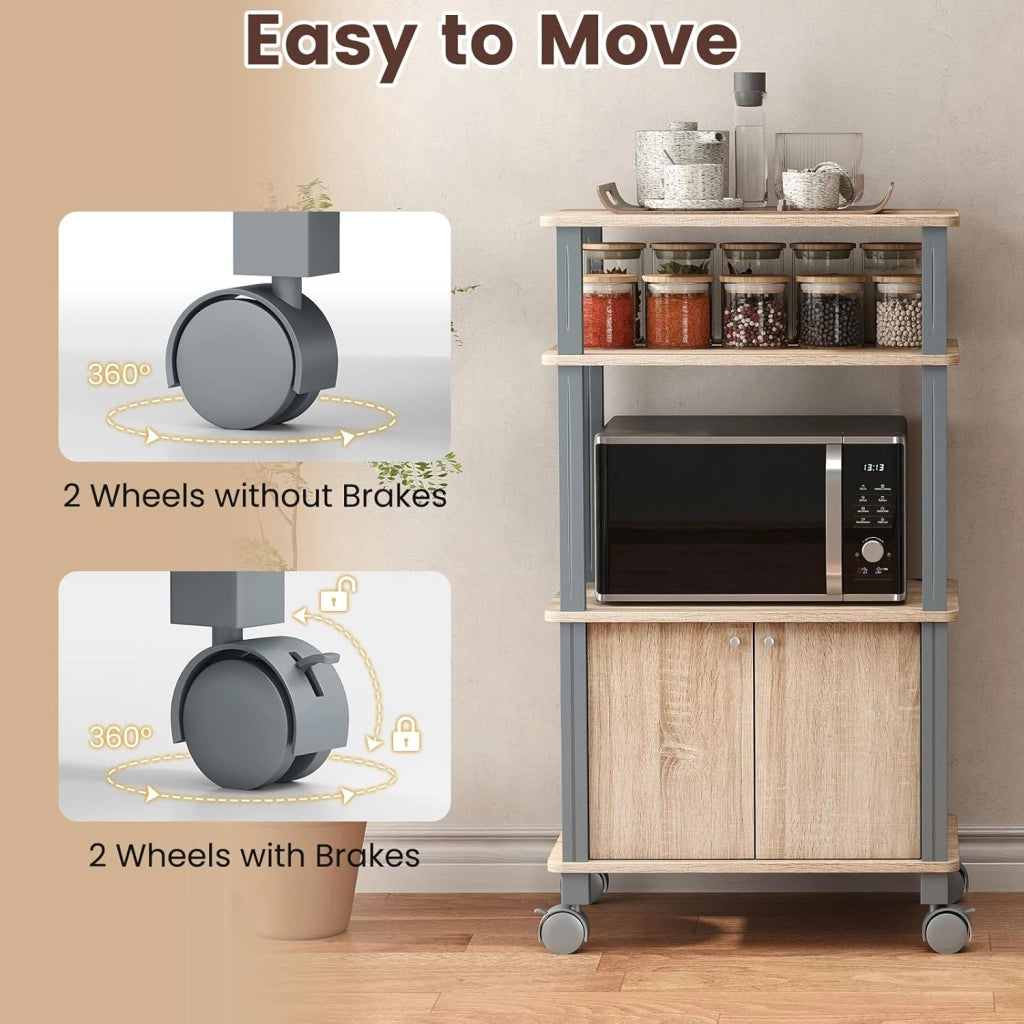 Carrello da Cucina a 3 Livelli per Microonde, Carrello Portaoggetti con Ruote e Armadio con Porta, Carrello di Servizio in Legno, Organizer per Sala da Pranzo, 60 x 40 x 98 cm (Naturale)