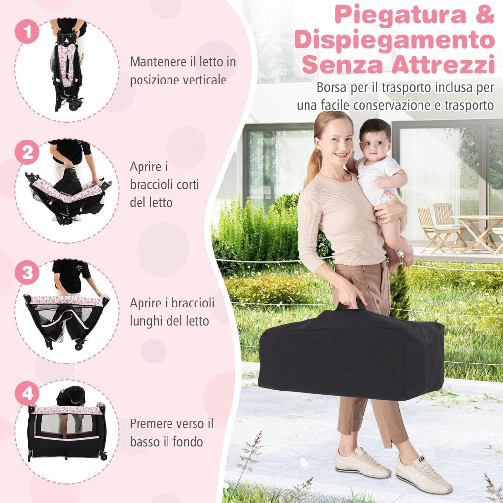 4 in 1 Lettino Neonato con Materasso, Culla da Campeggio con Fasciatoio Cappottina Regolabile, Ruote Bloccabili, Box Piechevole per Bambini 0-36 Mesi (Fiore Grande)