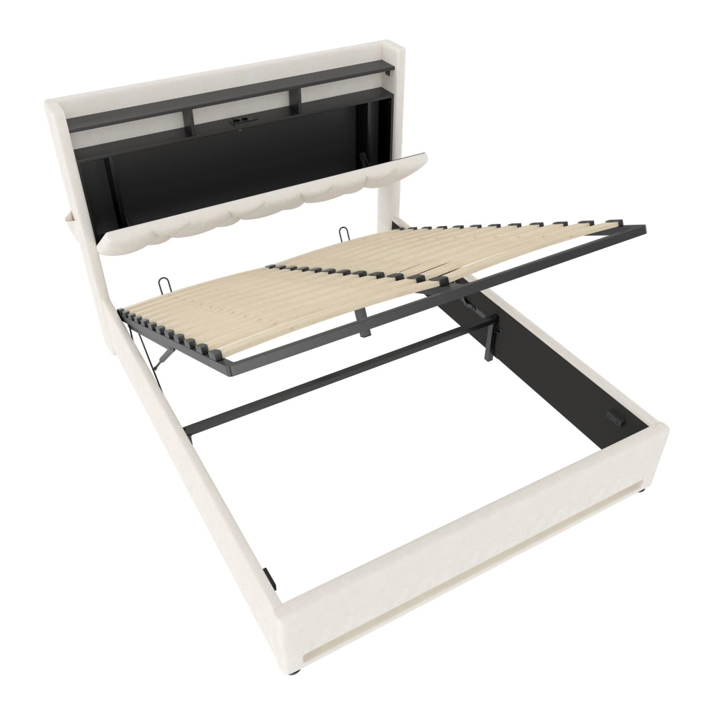 Letto contenitore 140x200 cm in velluto beige con LED e USB-C