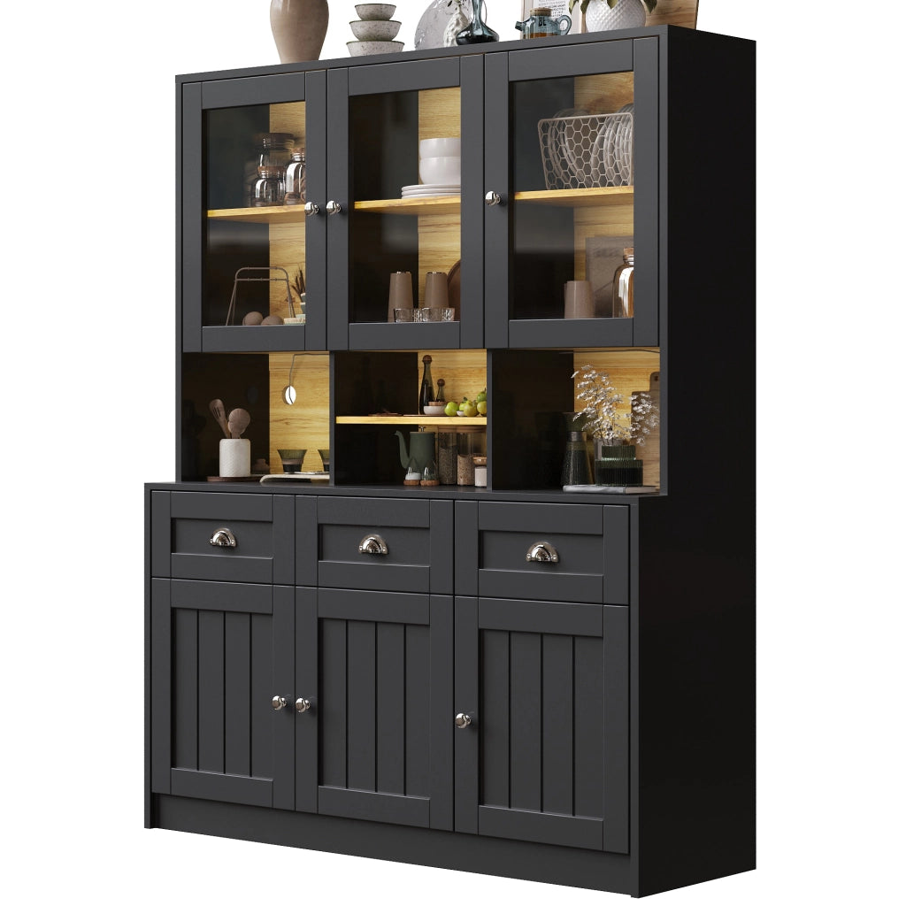 Credenza alta vetrata con LED; 3 cassetti; 6 ante e ripiani regolabili per cucina; 140 × 40 × 175 cm