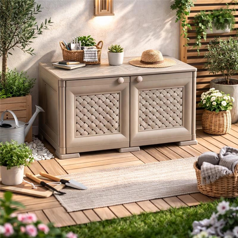 ARMADIO BASSO 79X43X46 CM CON ANTA TRAFORATA, MOBILE TV E CONTENITORE IN PLASTICA PER INTERNO ED ESTERNO COPERTO