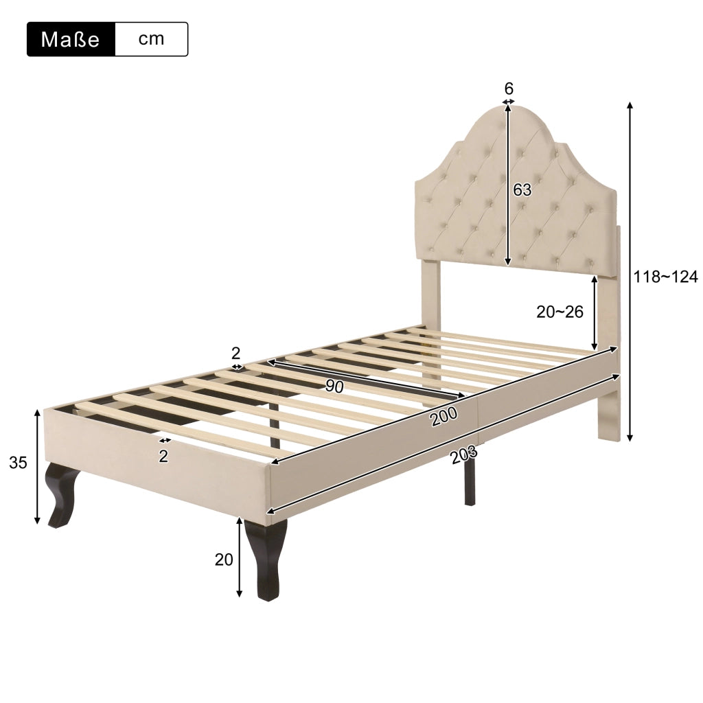 OKWISH Letto Singolo 90×200 cm, Letto per Ragazzi con Testiera Regolabile in Altezza e Rete a Doghe, senza Materasso, Velluto, Beige