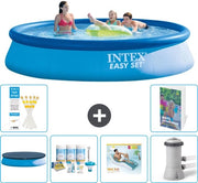 Piscina Rond Opblaibile Easy Set - 396 x 84 cm - Blu - Inclusa Copertura - Kit Manutenzione - Letto Ombrellone - Pomp Filtro Piscina - 7 pezzi