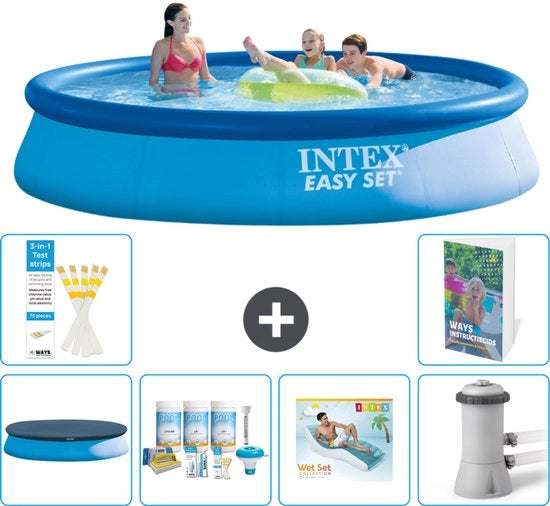 Piscina Rond Opblaibile Easy Set - 396 x 84 cm - Blu - Inclusa Copertura - Kit Manutenzione - Letto Ombrellone - Pomp Filtro Piscina - 7 pezzi