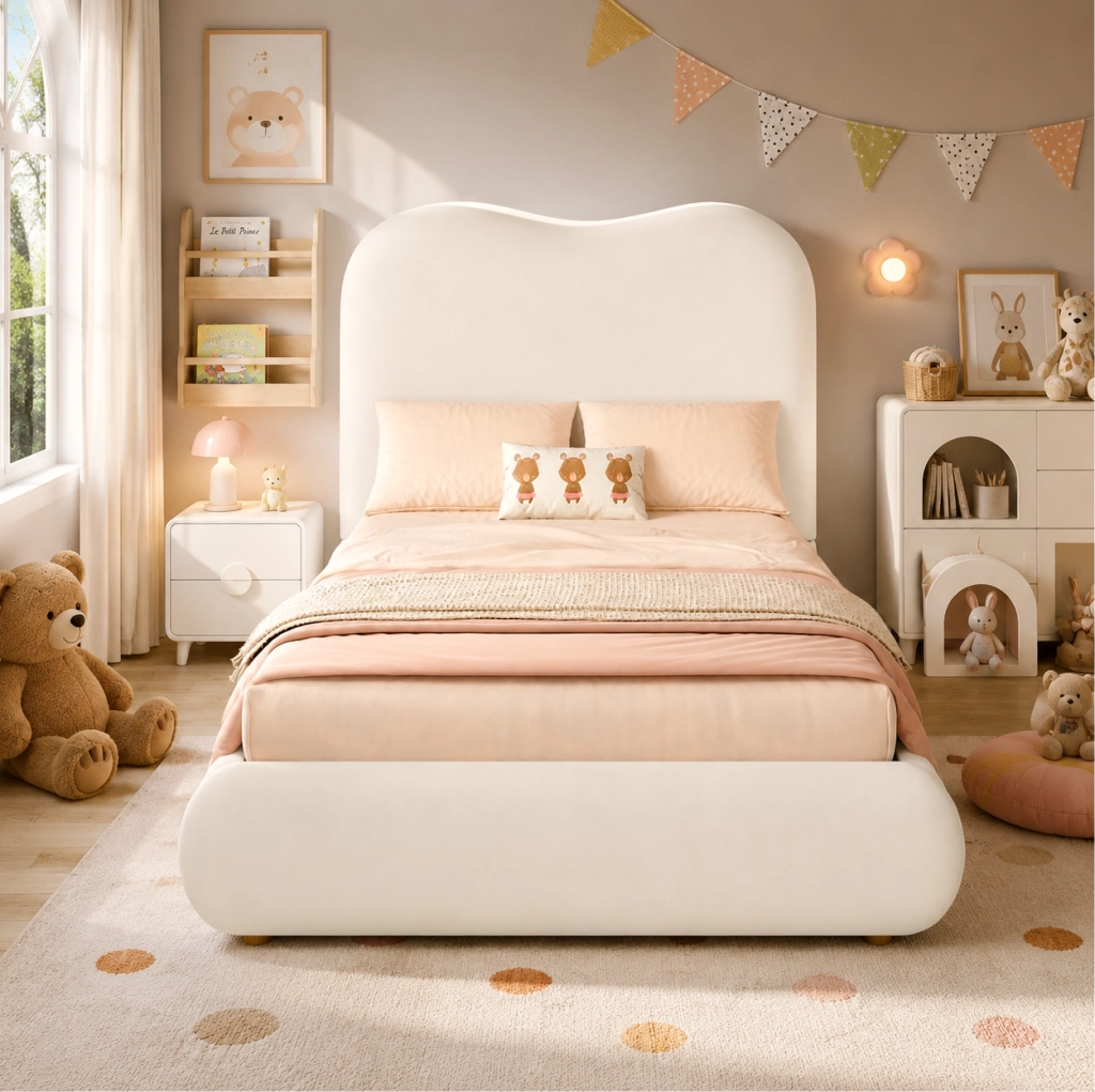 Letto imbottito con contenitore in velluto beige