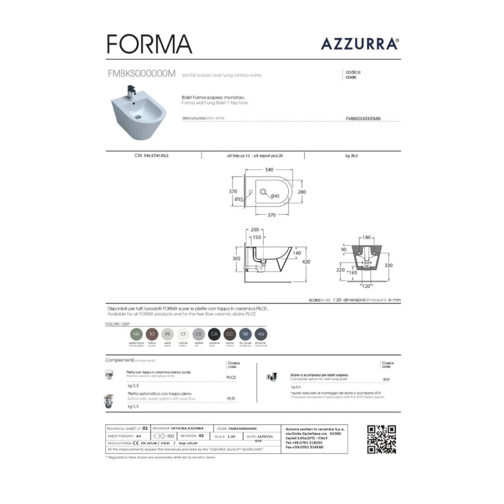 Bidet Sospeso Azzurra Ceramica "Forma" Bianco Lucido