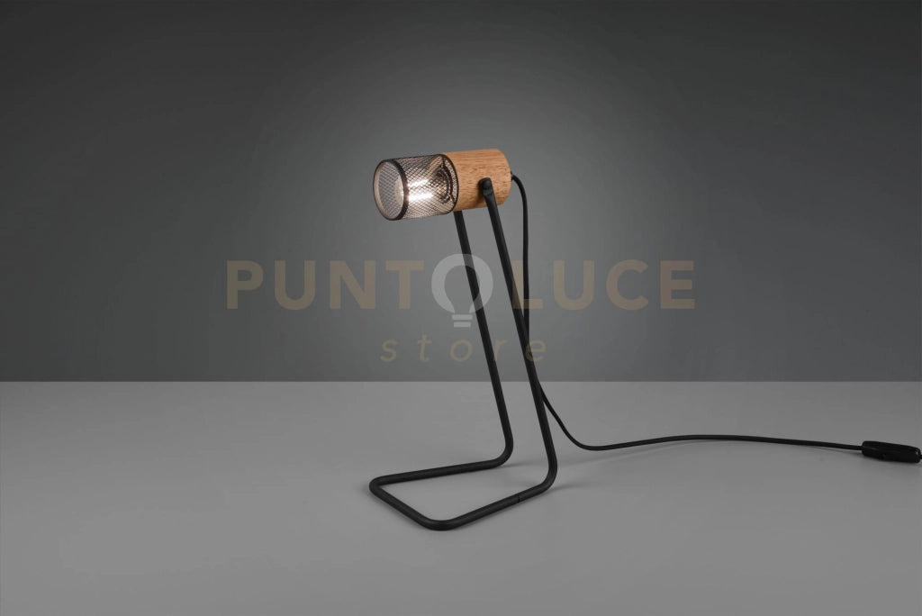 TOSH LAMPADA DA TAVOLO CILINDRO GABBIA METALLO NERO OPACO E LEGNO H. 40CM 1 LUCE ATTACCO E14