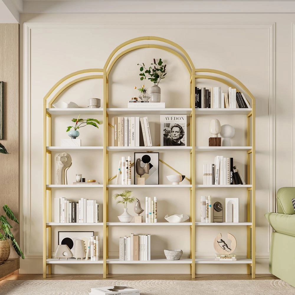 ??tag??re de style simple - Xylo - 170x25x190 cm - Dor?? + blanc - Tube acier MDF 5 niveaux forme nuage facile ?? monter